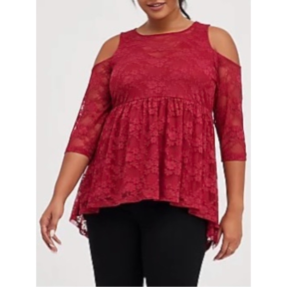 Torrid Lace Cold Shoulder 3/4 Sleeve Peplum Top Wine Red | Size 0